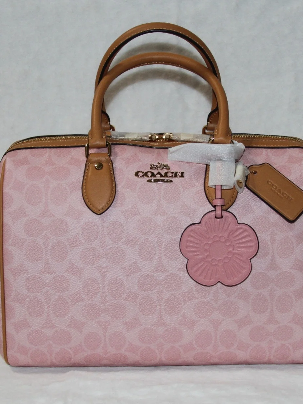 NWT COACH Large Rowan Powder pink Satchel Bag With Tea Rose Charms